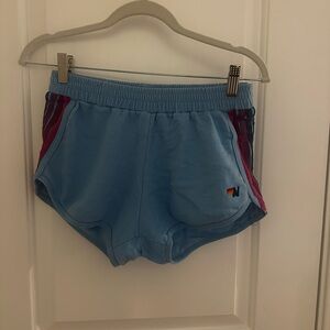 Aviator Nation Blue Jogger Shorts with Purple, Red and Navy Stripes